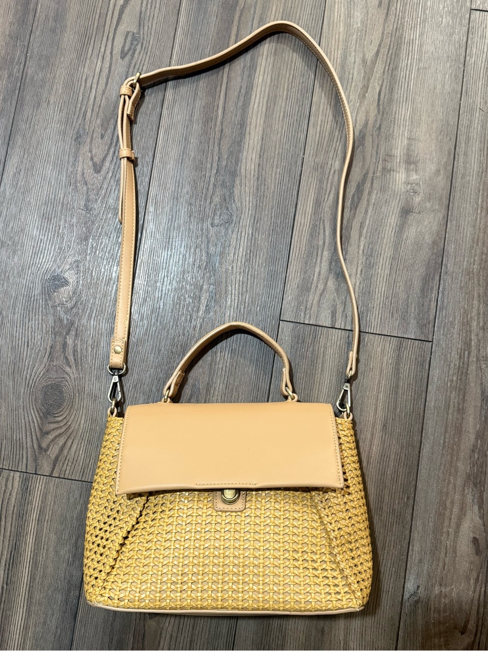 Moda Luxe Woven Straw Satchel Crossbody Bag Tan Boho Resort Handbag